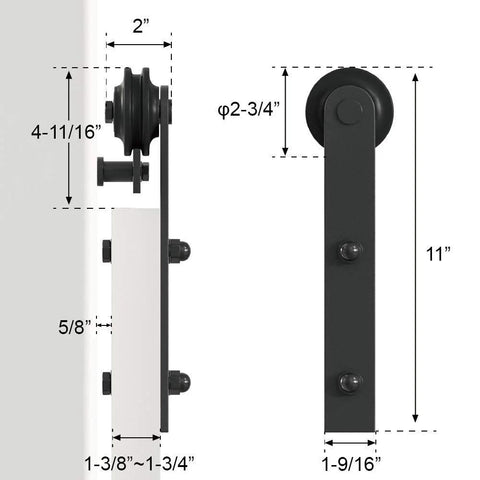 Side view of 10 Foot Barn Door Hardware Kit For Single Sliding Door Heavy Duty Black Carbon Steel Track And J Shape Rail Includes All Necessary Hardware For Quick Smooth Installation For A 65 Inch Closet Panel No Door