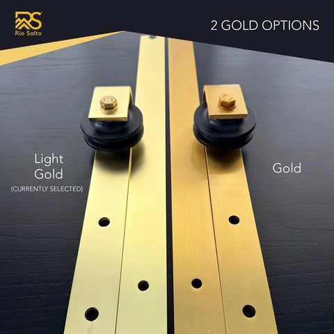 Gold Barn Door Hardware Kit With 84 Inch Track For 7 Foot Sliding Door Modern Brushed Brass Finish Includes All Mounting Hardware For One Door Adjustable Track From 39.35 Inches To 84 Inches view showing two gold finish options.