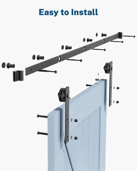 Installation diagram of Sliding Barn Door Hardware Kit - 5 FT Heavy Duty Steel Rail Farm Door Hardware Kits for interior use in black