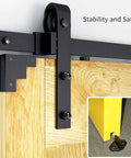 8 FT Double Sliding Barn Door Hardware Track Kit with J Shape Hanger, heavy duty aluminum track, close-up on safety features.