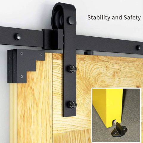 8 FT Double Sliding Barn Door Hardware Track Kit with J Shape Hanger, heavy duty aluminum track, close-up on safety features.
