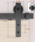 5FT Barn Door Hardware Kit with Heavy Duty Modular Sliding Track close-up, showing J Shaped Carbon Steel System, rollers, and measurements.