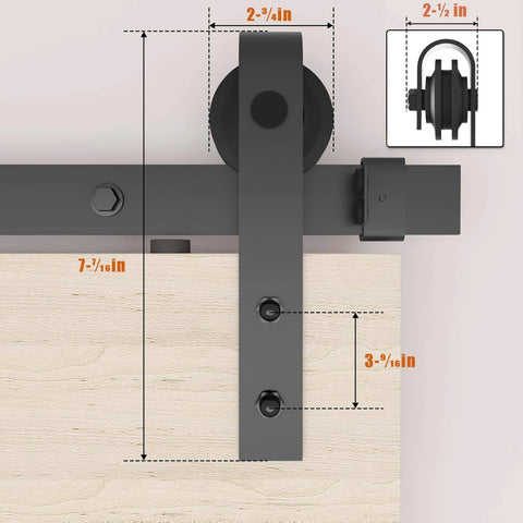 5FT Barn Door Hardware Kit with Heavy Duty Modular Sliding Track close-up, showing J Shaped Carbon Steel System, rollers, and measurements.