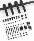 Components of 10 Ft Barn Door Hardware Kit For Double Doors Sliding Track System With Heavy Duty Black Steel Hangers Smooth Quiet Operation Easy Install For Closets Or Cabinet Doors Fits 1 3 8 Inch Door Thickness And Delivers Smooth Quiet Glide laid out, including black steel hangers, screws, rollers, and fittings.