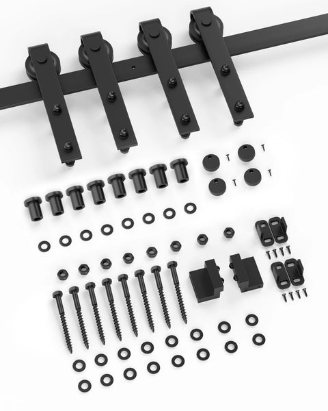 Components of 10 Ft Barn Door Hardware Kit For Double Doors Sliding Track System With Heavy Duty Black Steel Hangers Smooth Quiet Operation Easy Install For Closets Or Cabinet Doors Fits 1 3 8 Inch Door Thickness And Delivers Smooth Quiet Glide laid out, including black steel hangers, screws, rollers, and fittings.