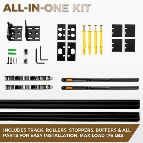 Concealed Trackless Barn Door Hardware Kit 47 Inch Hidden Sliding System With Nylon Silent Rollers And Dual Wheel Track components