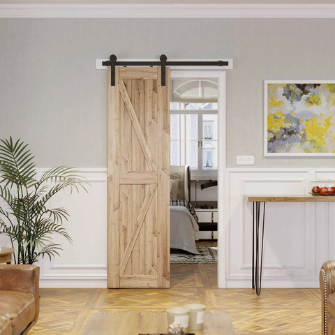 4ft Barn Door Hardware Kit with I shape hanger installed on wooden door, heavy duty track made from carbon steel