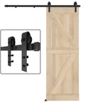 5FT Barn Door Hardware Kit with Heavy Duty Modular Sliding Track showing J Shaped Carbon Steel System and wooden door panel