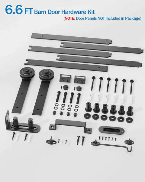Barn Door Hardware Kit -6.6FT Sliding Door Hardware with Adjustable Floor Guide, 2 Handles and Latch -Fit 36''-40'' Wide Panel, I Shape Hanger, Black.