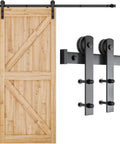 6.6FT Barn Door Hardware Kit with I Shape hanger, heavy duty carbon steel sliding track, wood door panel front view