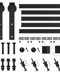 6.8FT Barn Door Hardware Kit with J Shape hanger, black heavy duty alloy pieces, screws, bolts, and track system components displayed