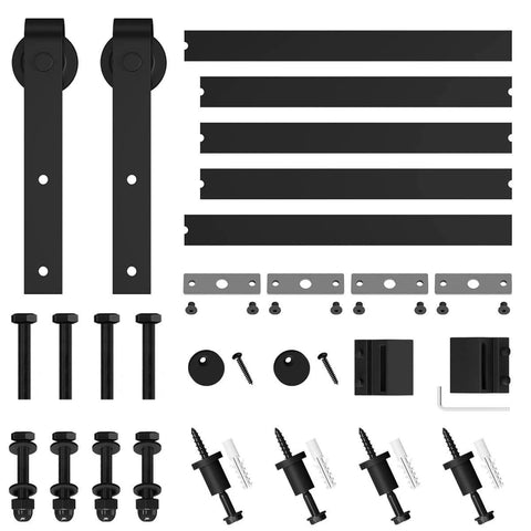 6.8FT Barn Door Hardware Kit with J Shape hanger, black heavy duty alloy pieces, screws, bolts, and track system components displayed