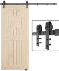 6.6FT Barn Door Hardware Kit with Heavy Duty Modular Sliding Track, J Shaped Carbon Steel System, close-up of rollers and wooden door setup.
