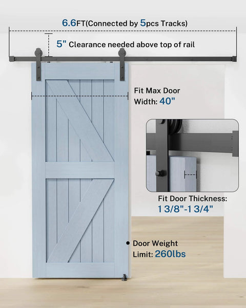 Barn Door Hardware Kit -6.6FT Sliding Door Hardware with Adjustable Floor Guide, 2 Handles and Latch -Fit 36''-40'' Wide Panel, I Shape Hanger, Black.
