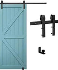 6.6FT/79.2" Sliding Barn Door Hardware Kit with Barn Door Floor Guide fit 40" Single Wooden Door, displaying teal door and rail system