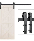 Front view of 6.6 Ft Sliding Barn Door Hardware Kit For 40 Inch Wide Door Panel With I Shape Hangers Black Finish, includes rail and rollers.