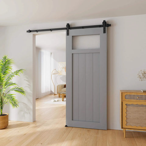6FT Sliding Barn Door Hardware Kit for Single Doors up to 36 Inch installed in a modern living room, demonstrating smooth quiet rollers.