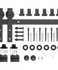 7.5FT Sliding Barn Door Hardware Kit for Single Doors up to 45 Inch, showing carbon steel track and nylon rollers laid out