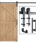 8.2 FT Heavy Duty Sturdy Sliding Barn Door Hardware Kit, Black, showing door, I shape hanger, pull handle, floor guide