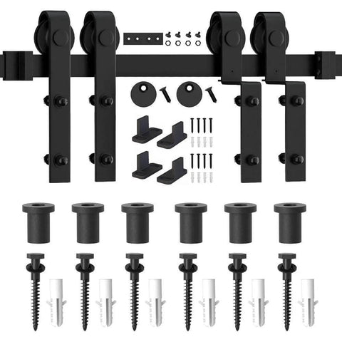 7.5 Ft Single Track Bypass Barn Door Hardware Kit For Double Doors, Heavy Duty Sliding System With Antique Rollers, parts layout