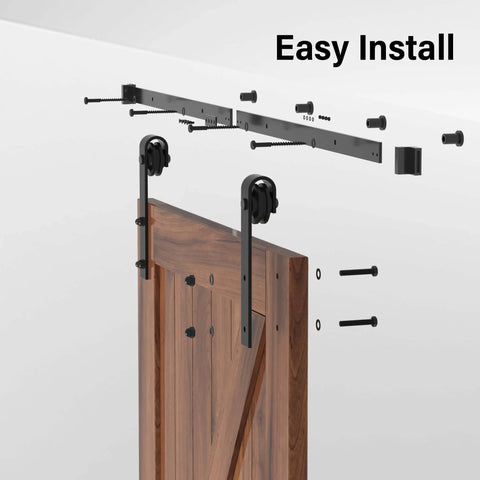 J Shape 4 Foot Barn Door Hardware Kit For Single Sliding Door In Black Carbon Steel Heavy Duty Track System assembly overview