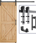 6.8 ft heavy duty sliding barn door hardware kit in black with I shape hanger, handle, floor guide; wood door shown