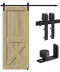 6.6FT sliding barn door hardware kit for single door, showing carbon steel black track system with close-up on rollers and stoppers