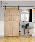 7.5ft Barn Door Hardware Kit with I shape hanger installed on 42-inch wood door, showing carbon steel track and nylon rollers