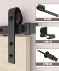 5FT Barn Door Hardware Kit with Heavy Duty Modular Sliding Track J shaped carbon steel components including a hanger, stopper, and spacers