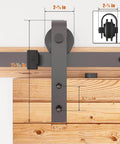 Close-up view of the 8FT Barn Door Hardware Kit with Heavy Duty Sliding Track, J Shaped Carbon Steel System, showing roller dimensions.