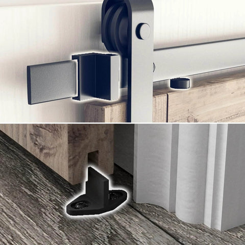 Close-up of a 6.8FT Barn Door Hardware Kit with J Shape hanger on sliding track system, shown on wooden door and floor mount.