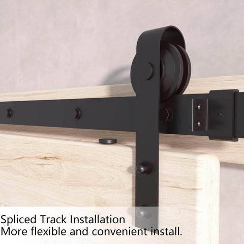 Close-up of 6.6FT Barn Door Hardware Kit with Heavy Duty Modular Sliding Track on wood door, J Shaped Carbon Steel System