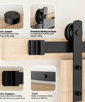 Close-up of 6.6 FT Sliding Barn Door Hardware Kit showing I Shape hanger, black steel track, anti-jumper, door stoppers, and sliding pulleys