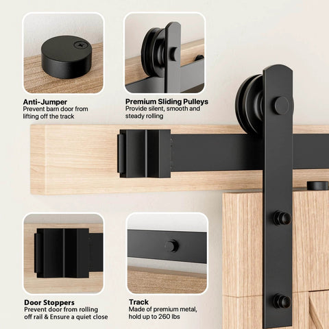 Close-up of 6.6 FT Sliding Barn Door Hardware Kit showing I Shape hanger, black steel track, anti-jumper, door stoppers, and sliding pulleys