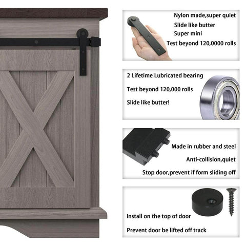 5FT Super Mini Barn Door Hardware Kit for Sliding Double Doors TV Stands, feature details, I Shape Hanger, carbon steel, black finish.