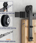 5ft Barn Door Hardware Kit with I shape hanger and nylon rollers, installed on a wooden door, showcasing heavy duty steel rail.