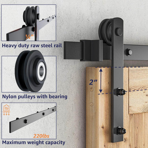 5ft Barn Door Hardware Kit with I shape hanger and nylon rollers, installed on a wooden door, showcasing heavy duty steel rail.