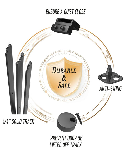 Double Sliding Barn Door Hardware Kit - 12 FT Black Heavy Duty Steel Rail with anti-swing feature, solid track, and safety components.