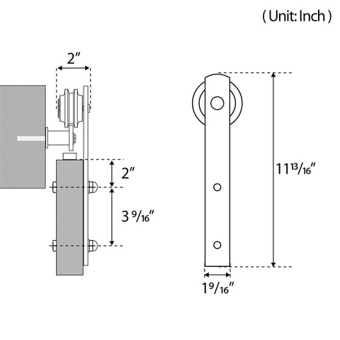 Technical diagram of 6ft Barn Door Hardware Kit with I shape hanger showing dimensions for sliding door track installation.