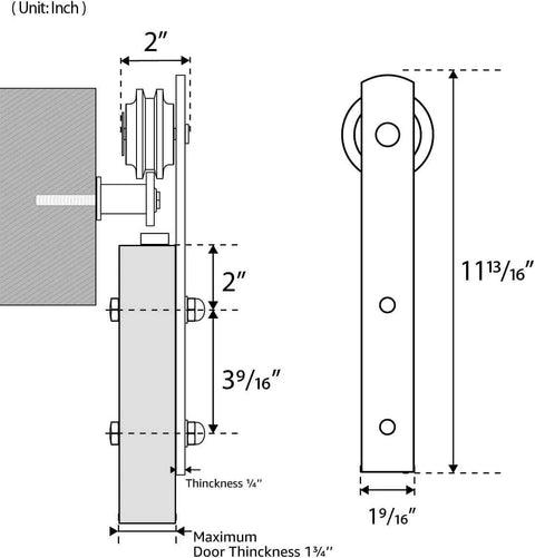 Technical diagram of 6.6FT Barn Door Hardware Kit with I Shape hanger, showing dimensions and installation specs.