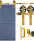 Big Wheel Barn Door Hardware Kit For Sliding Track Set With Large Rollers And Gold Finish Handle Bar Finger Pull Plate And Floor Guide