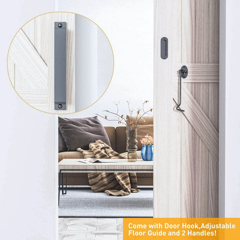 8 FT Sliding Barn Door Hardware Kit Heavy Duty-Smoothly and Quietly- Easy to Install, featuring door hook and handle in a living room