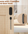 Wooden door with black handle and hook from 8FT Sliding Barn Door Hardware Kit Heavy Duty with I Shape Hanger.