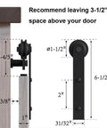 Diagram of 5FT Super Mini Barn Door Hardware Kit with dimension details for I Shape Hanger in frosted black finish for sliding double doors.