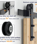 6.6FT Barn Door Hardware Kit with I Shape hanger showcasing heavy duty carbon steel rail and nylon pulleys on wooden door