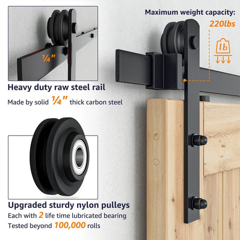 6.6FT Barn Door Hardware Kit with I Shape hanger showcasing heavy duty carbon steel rail and nylon pulleys on wooden door
