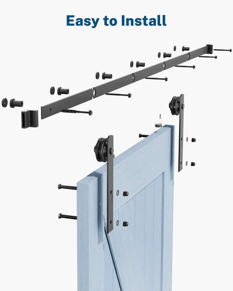 Exploded view of Barn Door Hardware Kit -6.6FT Sliding Door Hardware with Adjustable Floor Guide, 2 Handles and Latch, black hardware installation