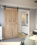 7.5ft Barn Door Hardware Kit with I shape hanger installed on wooden door in cozy bedroom, emphasizing smooth sliding mechanism