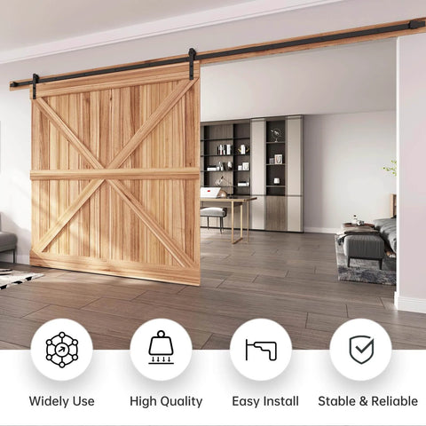 14 FT Heavy Duty Sliding Barn Door Hardware Track Kit with Straight Pulley, steel construction and ball bearing rollers in living room setup.