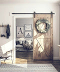 Installed 6.8FT Barn Door Hardware Kit with J Shape hanger; wooden barn door, 40 inch panel, black powder-coated alloy track